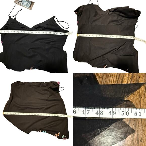 Mixit Y2K Black Embroidered Floral Beaded Hanky Hem Thin Strap Cocktail Dress 14 - Picture 9 of 10